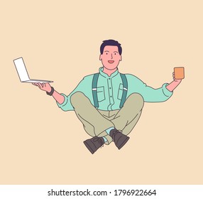 Business, rest, meditation, yoga, relaxation concept. Businessman relaxation in lotus pose, enjoy with coffee break. Flat vector illustration.