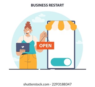 Business restart. Company reopening or project reboot. New chance to improve outcome. Character press restart button. Market recovery after crisis or restrictions. Flat vector illustration