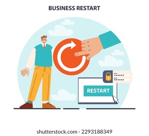 Business restart. Company reopening or project reboot. New chance to improve outcome. Character press restart button. Market recovery after crisis or restrictions. Flat vector illustration