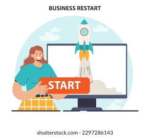 Business restart. Company reopening or project reboot. Rocket launching as a metaphor. Character press restart button. Market recovery after crisis or restrictions. Flat vector illustration