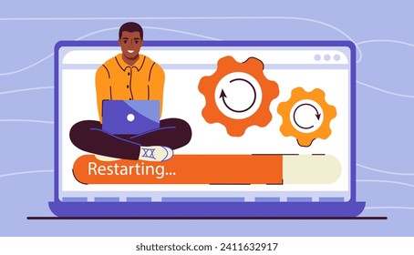 Business restart concept. Man sitting with laptop near red and yellow coghweels. Young guy with idea for start up or project. Cartoon flat vector illustration isolated on blue background