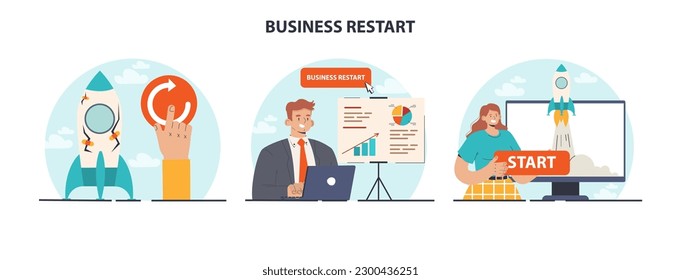 Business restart set. Company reopening or project reboot. New chance to improve outcome. Character press restart button. Market recovery after crisis or restrictions. Flat vector illustration