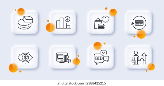 Business results, Bid offer and Business vision line icons pack. 3d glass buttons with blurred circles. Refund commission, Decreasing graph, Online payment web icon. Vector