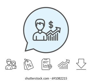 Business results line icon. Dollar with Growth chart sign. Report, Sale Coupons and Chart line signs. Download, Group icons. Editable stroke. Vector