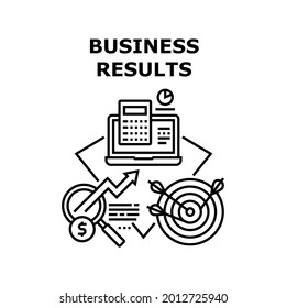 Business Results Vector Icon Concept. Business Results And Successful Achievement, Analyzing And Researching Financial Report On Computer Screen Laptop. Increase Income Black Illustration