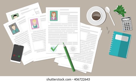 Business resume with coffee and phone on a table. cv  vector illustration concept. Search resumes candidates.