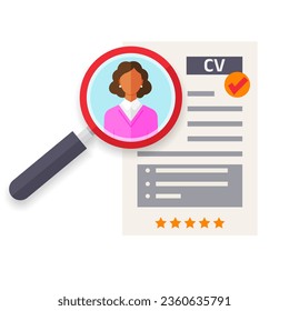 Business resume, job interview, personal data form with magnifier and avatar. Negotiation, meeting. Recruiter recruiting staff, business conversation. HR manager and job seeker, employee candidate