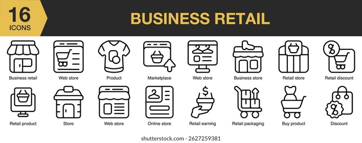 Business Retail icon set. Includes business, retail, shop, service, technology, store, owner, and More. Outline icons vector collection.