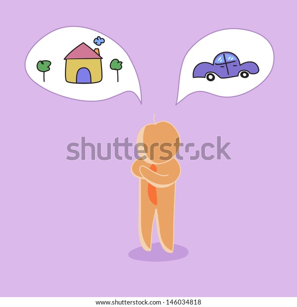 business retro style, man thinking of idea
for house and car on purple
background.