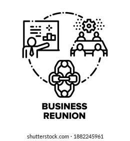 Business Reunion Vector Icon Concept. Businessperson Meeting And Presentation, Project Discussing With Entrepreneurs And Companies Reunion, Financial Annual Report And Analyzing Black Illustration