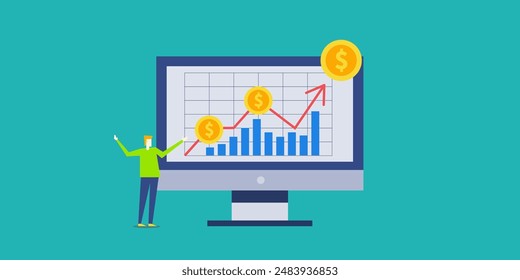 Business revenue increase, Business happy with increasing revenue, High margin profit, Online business generating huge profits - vector illustration with icons