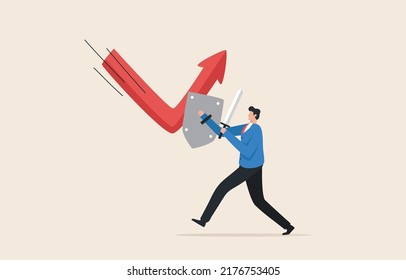 Business Reversal From Recession. Economic Recovery. Stock Market Bounce Back Or Reversal.
Businessman Holding A Strong Shield To Recover The Red Arrow Economic Graph.