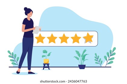 Business review 5 stars - Woman user with device in hand giving great feedback and top ranking on online service. Full score concept in flat design vector illustration with white background