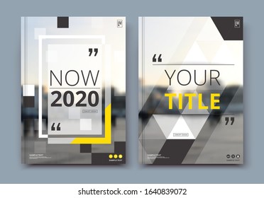 Business review brochure cover design in A4. Techno info banner frame, ad flyer text font or title sheet model set. Modern vector front page art with urban city street texture. Yellow line figure icon