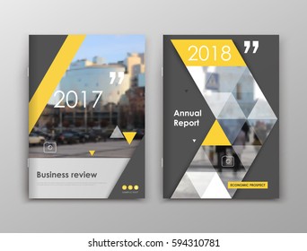 Business review brochure cover design in A4. Techno info banner frame, ad flyer text font or title sheet model set. Modern vector front page art with urban city street texture. Yellow line figure icon