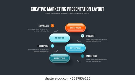 Business Review Four Element Diagram Frame Template. Project Plan 4 Option Infographic Slide Layout. Investor Analysis Slideshow Design Vector Illustration.
