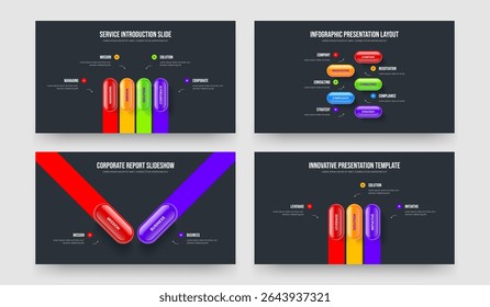 Business Review Four Five Two Three Option Infographic Presentation Layout Vector Illustration Collection. Digital Plan 4 5 2 3 Element Diagram Slide Template Bundle.