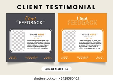 Business review testimonial design with dark gray and yellow colors. Client testimonial and feedback layout design. Customer satisfaction and work rating template. Client work rating template.