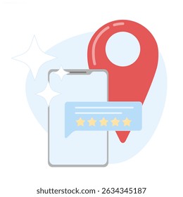 Business reviews, customer feedback. Local SEO for business, search features as a marketing strategy, improving local rankings. Illustration of digital marketing and customer reviews.