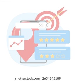Business reviews, customer feedback. Local SEO for business, search features as a marketing strategy, improving local rankings. Illustration of digital marketing and customer reviews.