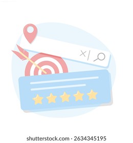 Business reviews, customer feedback. Local SEO for business, search features as a marketing strategy, improving local rankings. Illustration of digital marketing and customer reviews.