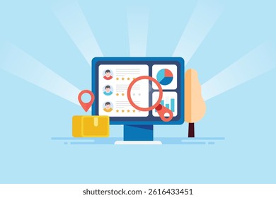 Business reviews, Business listing data analysis, Customer rating and feedback on search engine, Local SEO - vector illustration background with icons