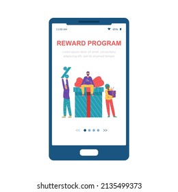 Business reward program banner on mobile phone app. Bearded man sit on the gift box, black woman hold her prize, male hold sale sign. Loyalty program flat vector illustration.