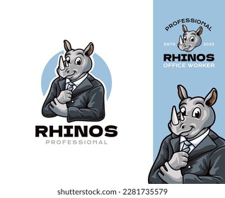 Business Rhino Mascot Logo Design. Professional and friendly Rhino mascot wearing a suit, representing the ideal employee for corporate branding and marketing