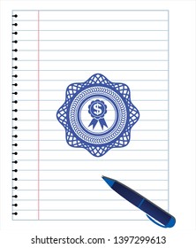 business ribbon icon draw (pen strokes). Blue ink. Vector Illustration. Detailed.