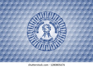 business ribbon icon inside blue badge with geometric pattern background.