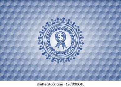 business ribbon icon inside blue emblem or badge with abstract geometric polygonal pattern background.