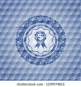 business ribbon icon inside blue badge with geometric background.