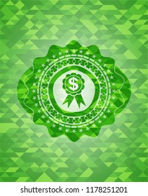 business ribbon icon inside green emblem with triangle mosaic background
