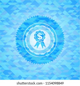 business ribbon icon inside light blue emblem with mosaic ecological style background