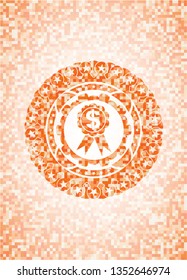 business ribbon icon inside orange tile background illustration. Square geometric mosaic seamless pattern with emblem inside.