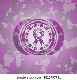 business ribbon icon inside pink and purple camo texture. 