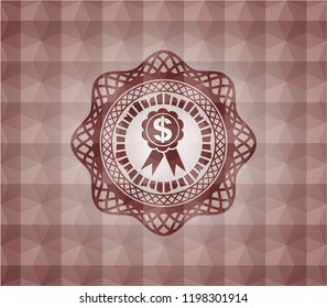 business ribbon icon inside red seamless emblem or badge with geometric pattern background.