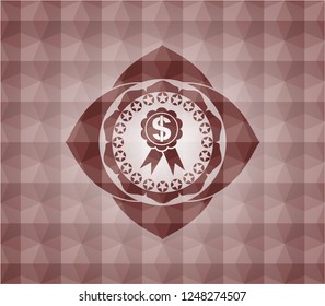 business ribbon icon inside red seamless emblem or badge with geometric pattern background.