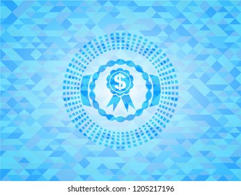business ribbon icon inside sky blue emblem with triangle mosaic background