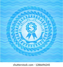 business ribbon icon inside sky blue water wave badge background.