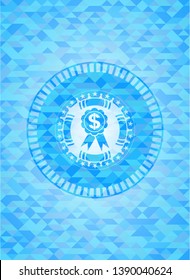 business ribbon icon inside sky blue emblem with mosaic ecological style background