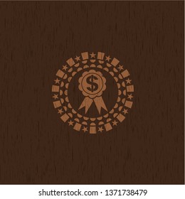 business ribbon icon inside wooden emblem. Vintage.