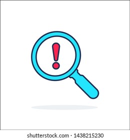 Business Risk Analysis symbol with magnifying glass icon and exclamation mark. Magnifying glass icon and alert, error, alarm, danger symbol. Vector icon