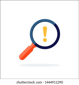 Business Risk Analysis symbol with magnifying glass icon and exclamation mark. Magnifying glass icon and alert, error, alarm, danger symbol. Vector icon