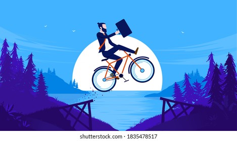 Business risk - Businessman doing a  stunt jump on bike outdoors. Challenge, obstacle and difficulty concept. Vector illustration.