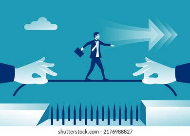 Business risk. Businessman pulled a rope along which person goes overcoming the hindrance. Walking on tightrope. Vector flat design. Isolated on white background. Success in business concept.