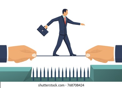 Business risk. Businessman pulled a rope along which person goes overcoming the hindrance. Walking on tightrope. Vector flat design. Isolated on white background. Success in business concept.