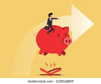 Business risk, Businessman taking risks for goal or success. Businessman riding piggy bank jumping over traps