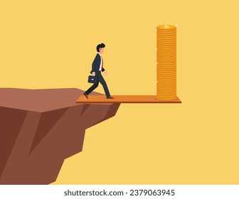 Business risk, Businessman taking risks for goal or success. Businessman walks on a wooden board on the edge of a cliff to a pile of coins.