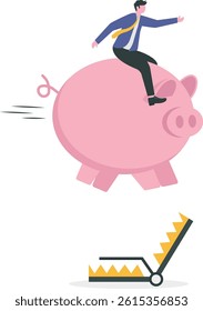 Business risk, Businessman taking risks for goal or success. Businessman riding piggy bank jumping over traps

